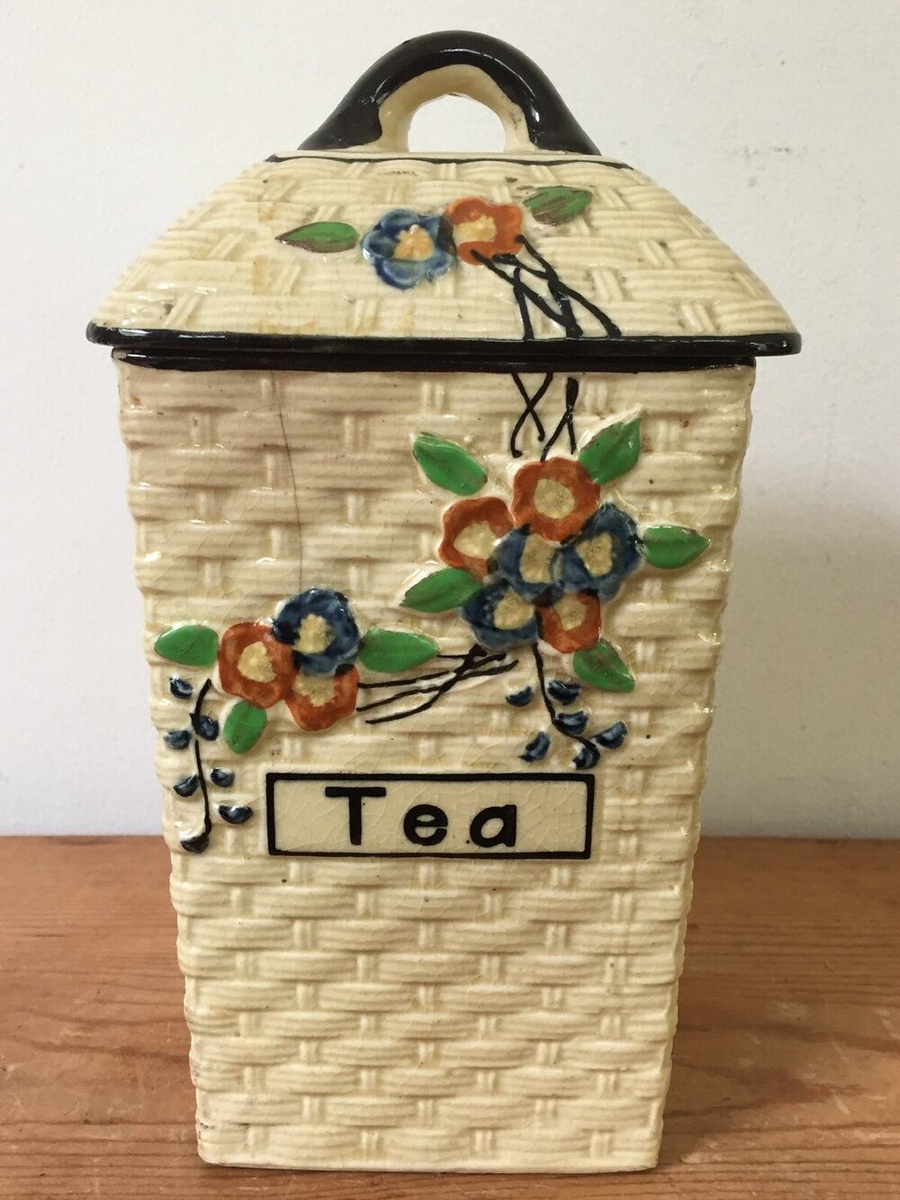 Vtg Hotta Yu Shoten Japan Japanese Basketweave Majolica Tea Jar Kitchen Canister